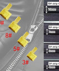 80-Piece Metal Zipper Repair Kit With Top And Bottom Stoppers, Insert Pins, Boxes In Four Colors And Four Sizes, Handy DIY Zipper Slider Fixer For Jackets, Coats, Jeans And Bags, showing size labels and zipper teeth.