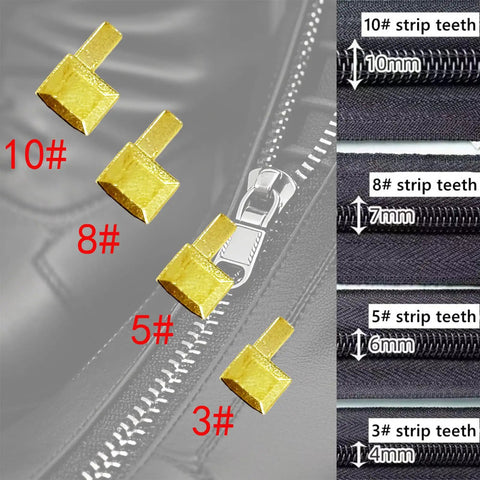 80-Piece Metal Zipper Repair Kit With Top And Bottom Stoppers, Insert Pins, Boxes In Four Colors And Four Sizes, Handy DIY Zipper Slider Fixer For Jackets, Coats, Jeans And Bags, showing size labels and zipper teeth.
