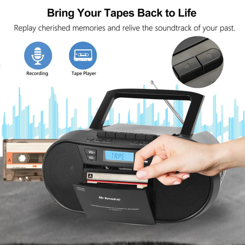 Hand inserting cassette into Retro Boombox CD Player And Cassette Player Combo With Bluetooth USB TF Card FM Radio AUX AC DC
