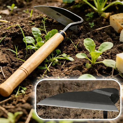 Japanese Garden Hand Hoe Sickle For Right Handed Use High Carbon Steel Blade lying on soil near plants