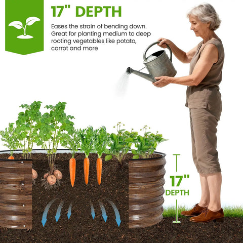 Olive Green Three Piece Raised Garden Bed Kit With 17 Inch Tall Planter Boxes For Deep Root Plants Outdoors 4 By 2 By 1.4 Feet Includes Rubber Strip For Veggies Fruits Flowers shown with a woman watering plants.
