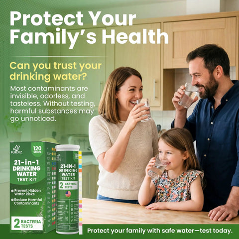 Family enjoying water with Comprehensive Drinking Water Test Kit With 120 Strips And Two Bacteria Checks For Tap Wells Analyzing Lead Fluoride Iron Hardness PH Chlorine Copper Mercury Detection Straight No Sweat Results For Your Home.