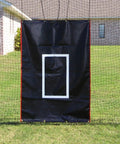 Heavy Duty Batting Cage For Backyard Baseball And Softball With Door 42 Ply Twine detail of net backstop in lawn setting.