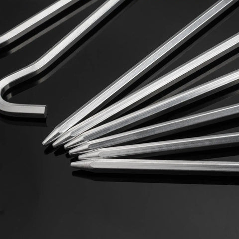 Heavy Duty Aluminum Tent Pegs Set, 12 Pack With Hooks, 7 Inch Hexagon Rod Stakes For Hard Ground, on black background