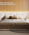 Bedroom with LED Recessed Lighting Kit for Wood Slat Walls, warm white glow above headboard, cozy modern decor