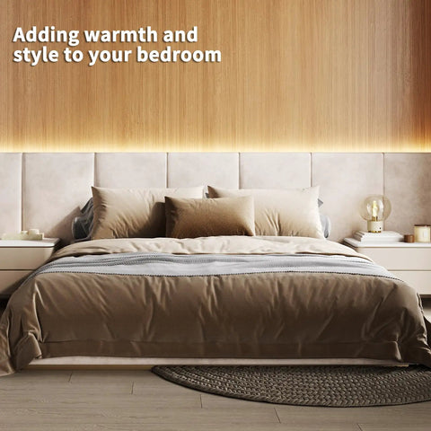 Bedroom with LED Recessed Lighting Kit for Wood Slat Walls, warm white glow above headboard, cozy modern decor