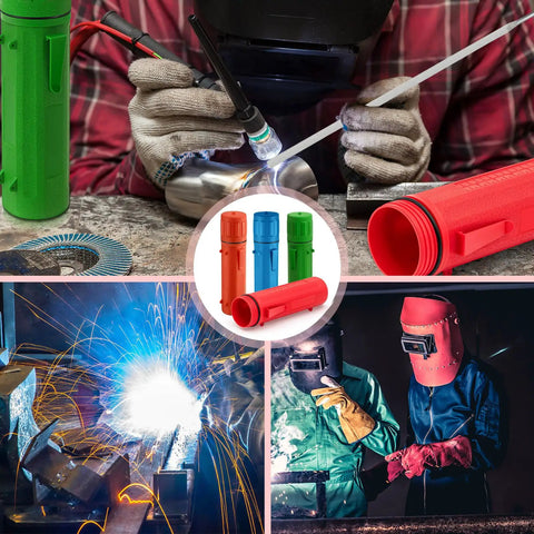 4 Pack Welding Rod Storage Tubes 14 Inch Electrode Holder Containers in use, showing red, blue, green, and orange canisters