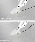 Cordless Metal Shears With 600W Brushless Motor For 20V Max Battery Power Battery Not Included showing straight and curve cuts.