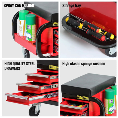 Close-up of a Tool Box With Built In Creeper Seat And Three Drawer Heavy Duty Tool Chest On Four Rolling Casters showing compartments.