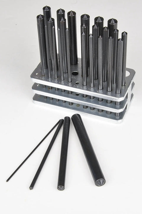 Steel Transfer Punch Set With Index Stand 28 Piece Pack For Machinists sizes 3/32 to 1/2 inch on display
