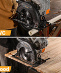 Pro Grade Corded Circular Saw 1200W With 4800Rpm Motor And 185mm 24 Tooth Blade cutting PVC and wood on a sturdy table.