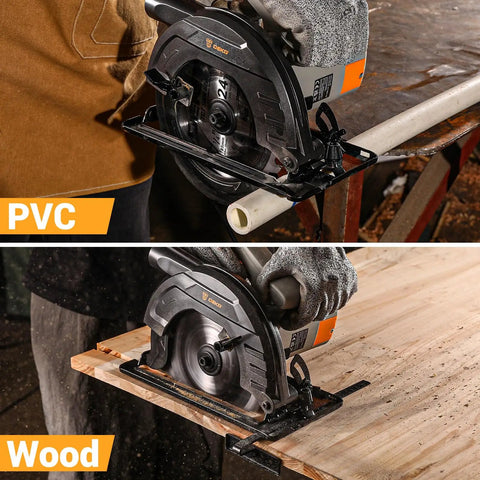 Pro Grade Corded Circular Saw 1200W With 4800Rpm Motor And 185mm 24 Tooth Blade cutting PVC and wood on a sturdy table.