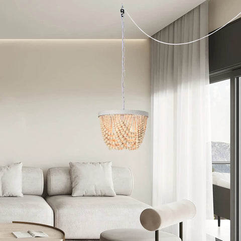 Plug In Wood Beaded Chandelier With 20 Foot Hanging Cord 3 Light Boho Farmhouse Ceiling Fixture For Bedrooms in living room