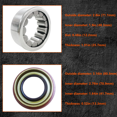 Rear Left And Right Axle Wheel Bearing And Seal Kit For Cadillac Chevy Blazer Silverado Suburban And GMC Sierra 1500 Ready To Roll With Tough As Nails Fit And Precise Specs Bearing OD 2.8 In ID 1.9 In Thickness 1.01 In And Seal OD 3.16 In, showing the bearing and seal dimensions.