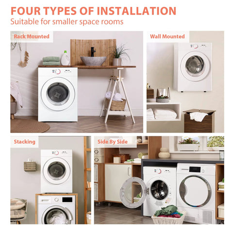 Euhomy 1.8 cu ft white portable clothes dryer with exhaust duct and stainless steel liner; four install options.