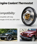 Engine coolant thermostat assembly for Jeep Wrangler JK V6 3.8L 2007-2010, durable and reliable direct fit replacement.