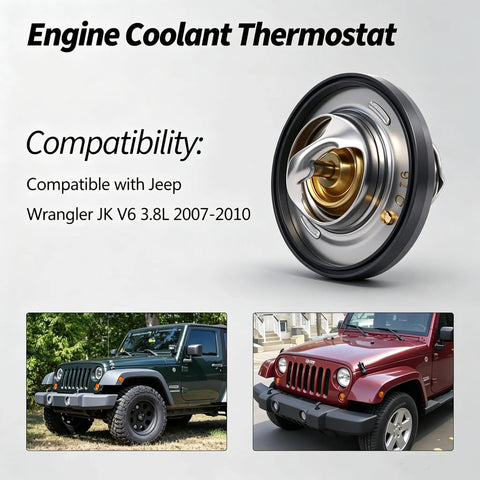 Engine coolant thermostat assembly for Jeep Wrangler JK V6 3.8L 2007-2010, durable and reliable direct fit replacement.