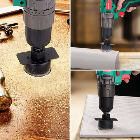 HYCHIKA 19-piece hole saw kit with drill and blades; green cordless drill shown drilling wood, PVC pipe, and surface