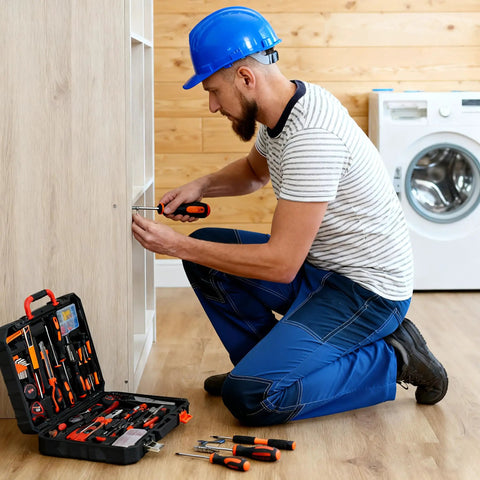 Man using 148-Piece Home Repair Tool Kit With Case For DIY Projects, Dorm Essentials, And Everyday Home Maintenance