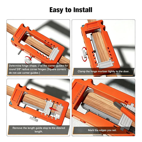 Sharp Door Lock Installation Kit With Heavy Duty Hinge Jig: instruction steps on using hinge mortising template for accurate cuts.