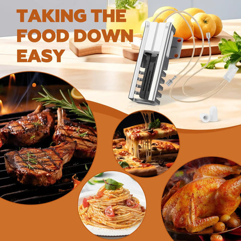 Gas Range Oven Igniter Replacement kit 5304509706 316489402, kitchen setting with grilled steak, pasta, pizza, and roasted chicken.