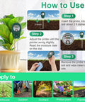 Instructions for using All In One Soil Tester For pH, Moisture, And Fertility With Fast Accurate Readings For Indoor Outdoor Gardens Battery Free Plant Health Meter For Your Home, Farm, And Lawn in various settings.