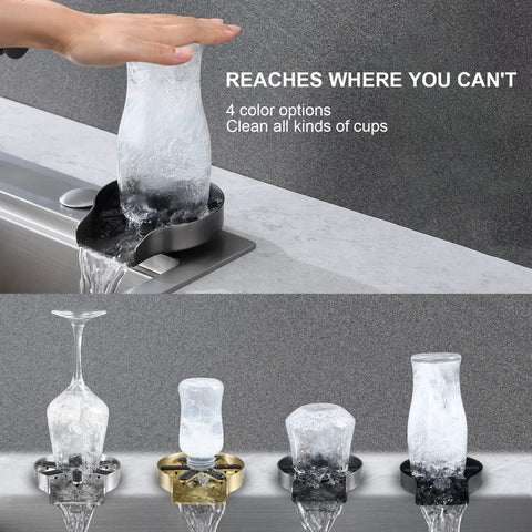 Glass Rinser Cup Washer For Kitchen Sinks 360 Degree Bottle Cleaner Attachment In Stainless Steel Black in use with glassware