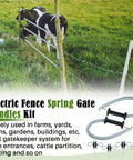 Two Pack Electric Fence Gate Kit With Spring Handles And Screw In Ring Insulators for farm safety, shown in use with cows.