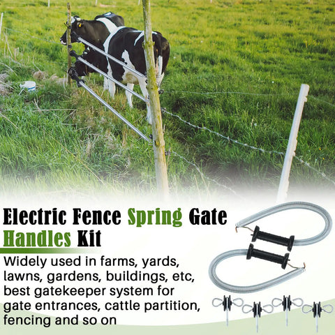 Two Pack Electric Fence Gate Kit With Spring Handles And Screw In Ring Insulators for farm safety, shown in use with cows.