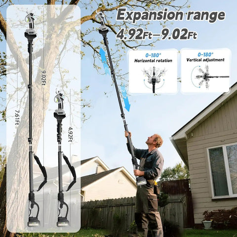 Heavy Duty Cordless Electric Pruning Shears With Telescopic Pole And Lcd Display 21 Volt Dual Battery Kit SK7 Steel Blades extended to 9.02ft with user.