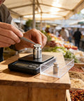 Pro Grade 200 Gram Steel Calibration Weight M1 Class For Scales And Jewelry Balances in use at a marketplace setting