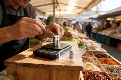 Pro Grade 200 Gram Steel Calibration Weight M1 Class For Scales And Jewelry Balances in use at a marketplace setting