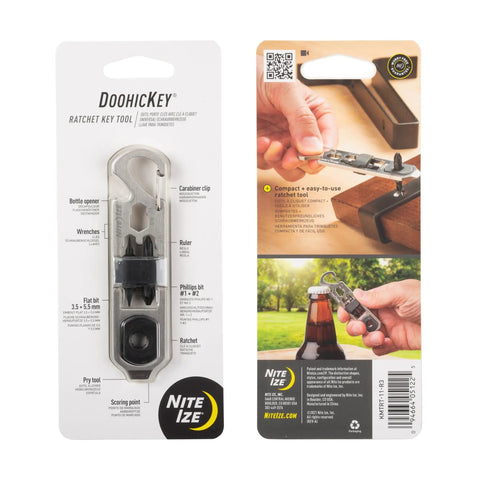 DoohicKey Ratchet Key Tool Keychain Friendly Pocket Multitool With Carabiner Clip in retail packaging front and back view