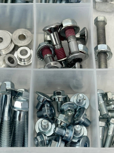 Honda Elite 210 Piece Bolt Kit For CR125R CR250R CRF250R CRF450R CRF450X CRF450RX XR And XL Models with assorted bolts in tray
