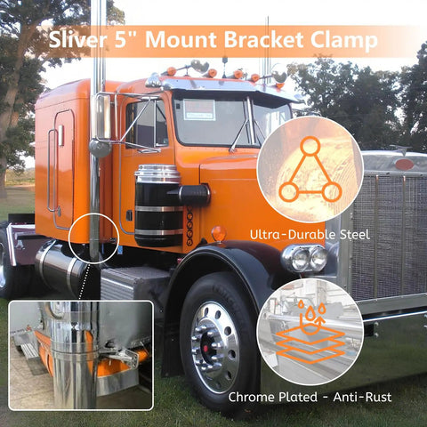 5 Inch Exhaust Stack Mounting Bracket Kit For Peterbilt 379 359 1987 1993 Heavy Duty Silver Finish on orange truck