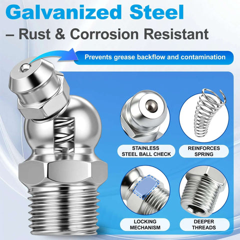 Grab This 105PC Grease Fittings Kit With Metric And Sae Zerks For All Your Daily Maintenance Chores It Includes M6 M8 M10 And Threads To Keep Your Gear Lubed And Running Smooth Like New Without Any Hiccups. galvanized steel grease zerk with stainless steel ball check and locking spring