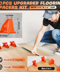 7-In-1 Laminate Flooring Installation Kit showing red spacers, person installing floor, detailed dimensions, close-up of spacers.