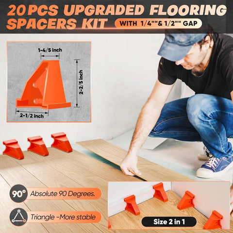 7-In-1 Laminate Flooring Installation Kit showing red spacers, person installing floor, detailed dimensions, close-up of spacers.