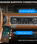 Single Din Car Stereo With Bluetooth Five Three LCD Display AM FM Receiver USB And AUX In Preamp Subwoofer Output shown installed in car dashboard.