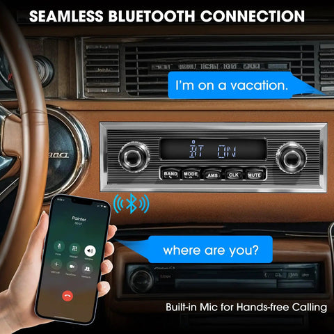 Single Din Car Stereo With Bluetooth Five Three LCD Display AM FM Receiver USB And AUX In Preamp Subwoofer Output shown installed in car dashboard.