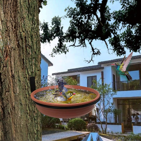 Built Tough Tree Mounted Bird Feeder With Brick Red Bath Tray 8.5 Inch Diameter 1.85 Inch Deep Heavy Duty Iron Finish installed on tree