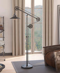 Go-To Pulley System Floor Lamp With Wide Brim Fabric Shade In Aged Steel Finish in living room setup