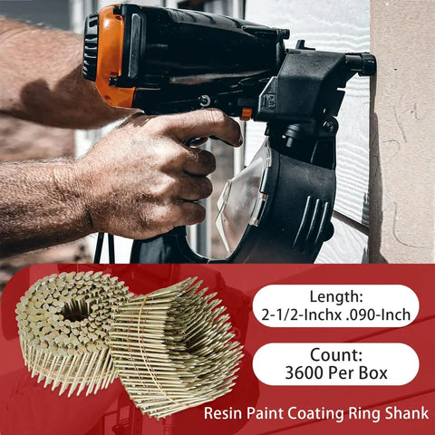 3600 Count Siding Nails Two And A Half Inch By 0.090 Inch 15 Degree Wire Collated Coil Resin Paint Coated Ring Shank For Rough Nailing Lathing And Sheathing Materials in nail gun