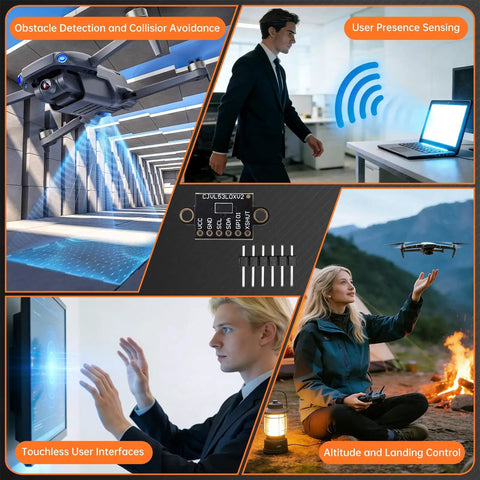 Collage highlighting Four Pack VL53L0X Time Of Flight Laser Ranging Sensor Breakouts 940nm 2m Range for robotics projects.