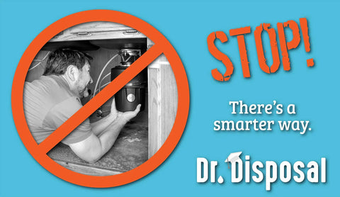 Man struggling under sink with heavy duty steel garbage disposal installation tool message overlay