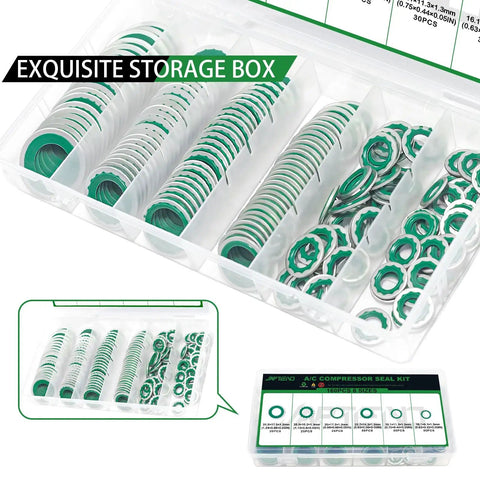 AC Compressor Seal Washers Kit 160 Piece Assortment With 6 Sizes For Automotive AC System Port Bonded Gasket Set in storage box