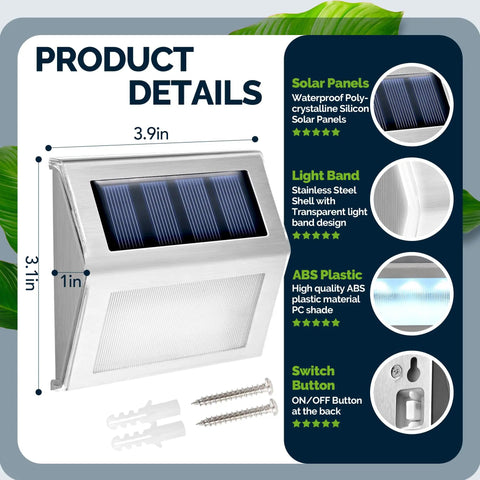 12 Pack Solar Fence Lights Outdoor Waterproof LED Step Lighting Stainless Steel with poly-crystalline solar panels