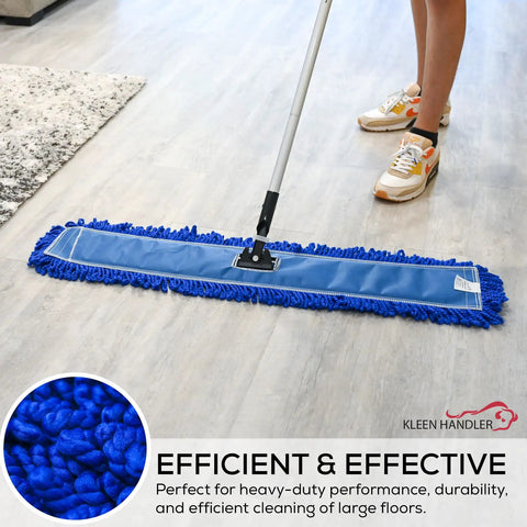 Top Shelf Microfiber Dust Mop Head Replacement For Standard 36 Inch Frames on wood floor, showing blue ultra thick loop weave.
