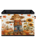 Autumn Theme Fabric Storage Basket For Standard Shelving And Closets Hella Durable Canvas Organizer Bin With Strong Handles, featuring a scarecrow and pumpkins.