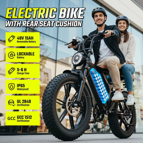 Two adults riding Beast 1500W Peak Electric Bike for Adults with Fat Tire 20 Inch Wheels 70 Mile Range Removable 48V 15Ah Battery 7 Speed